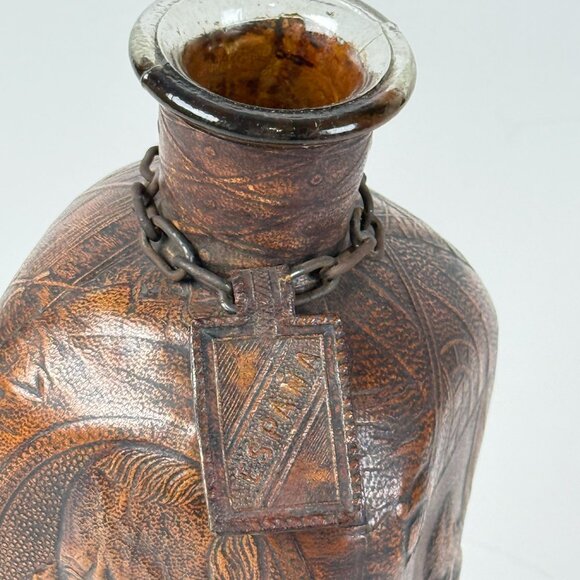 Vintage Tooled Leather Liquor Empty Whiskey Bottle Holder Chain Cork Stopper - Picture 7 of 10